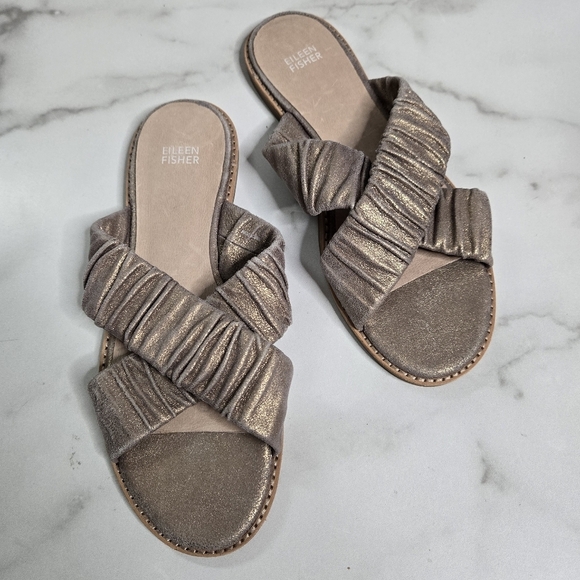 Eileen Fisher Cross Metallic Suede Sandal Size 10 Pewter Platinum Slides… - Picture 1 of 9